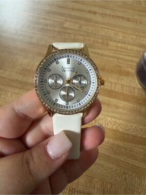 American Exchange Gold-Tone Watch with Cream Strap and Crystal Bezel